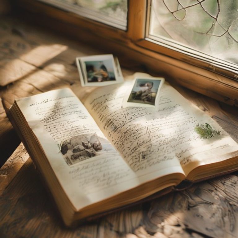 Open memory book showing handwritten journal entries with polaroid photos, soft natural window light, cream paper